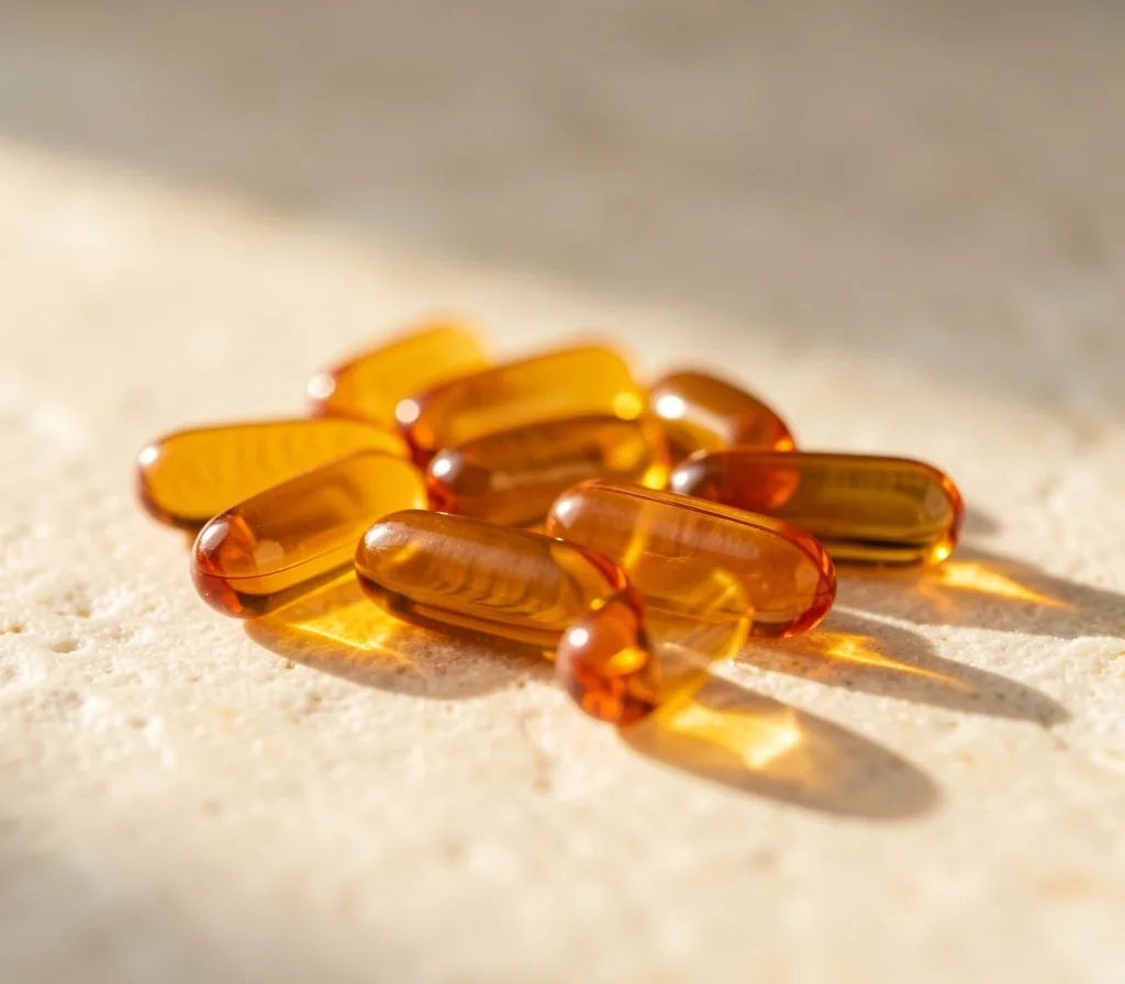 Natural supplement capsules photographed in macro detail