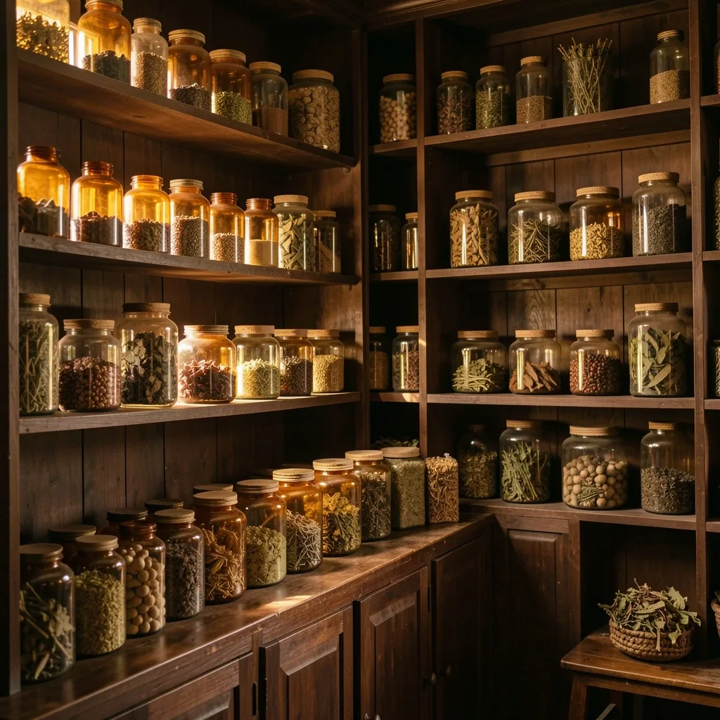 Semarang apothecary interior with botanicals on shelves