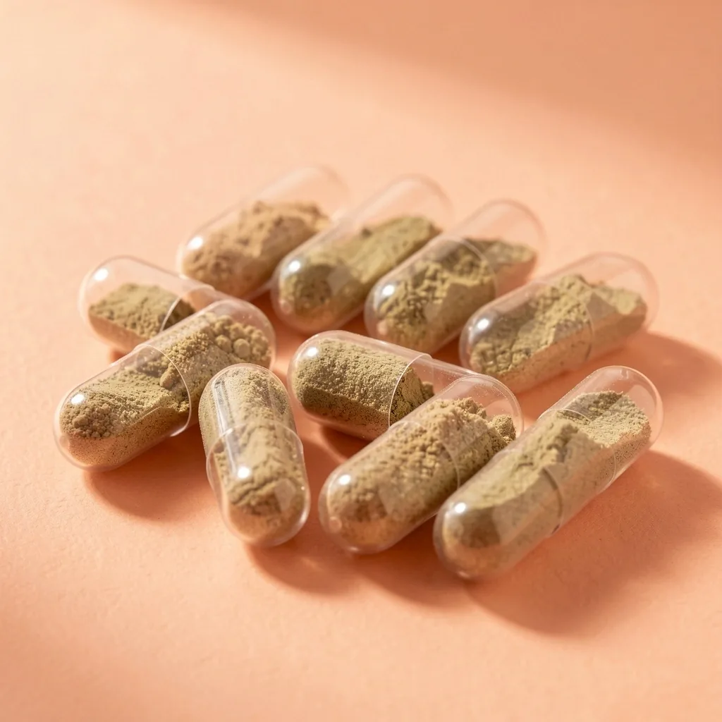 Natural supplement capsules on a warm-toned surface